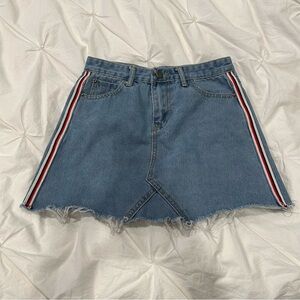 Y2K Blue Denim Mini Skirt with Red & White Side Stripes
